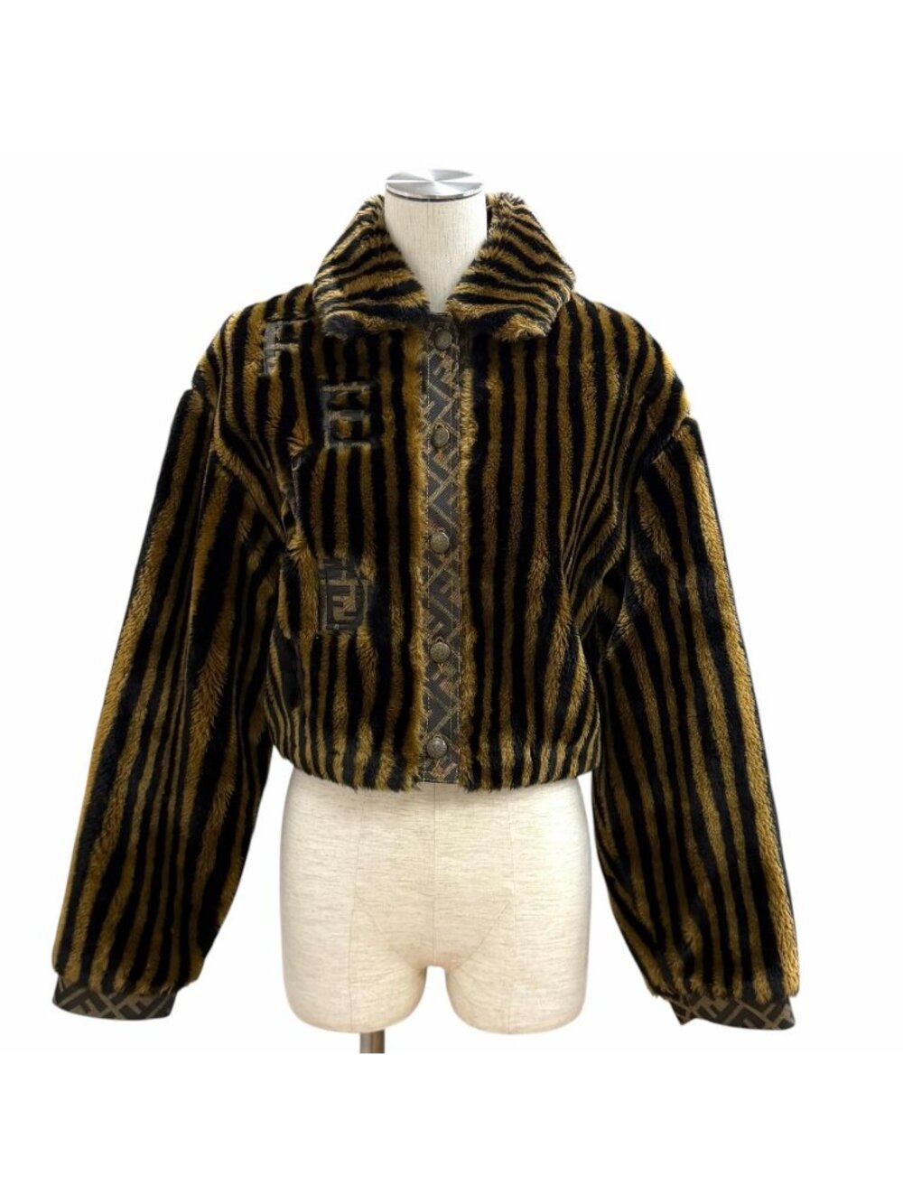 Fendi Jeans Vintage Pecan Zucca Pattern Cropped Faux Fur Jacket Brown Black 42
